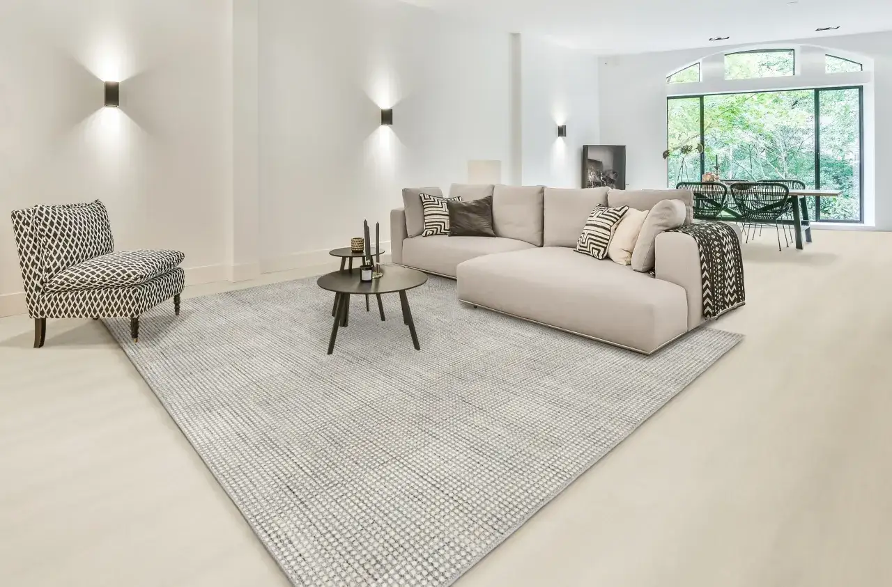 Nowoczesny salon z szarą kanapą, fotelem w geometryczne wzory i dywanem. Czy to sizal? Co to za materiał?