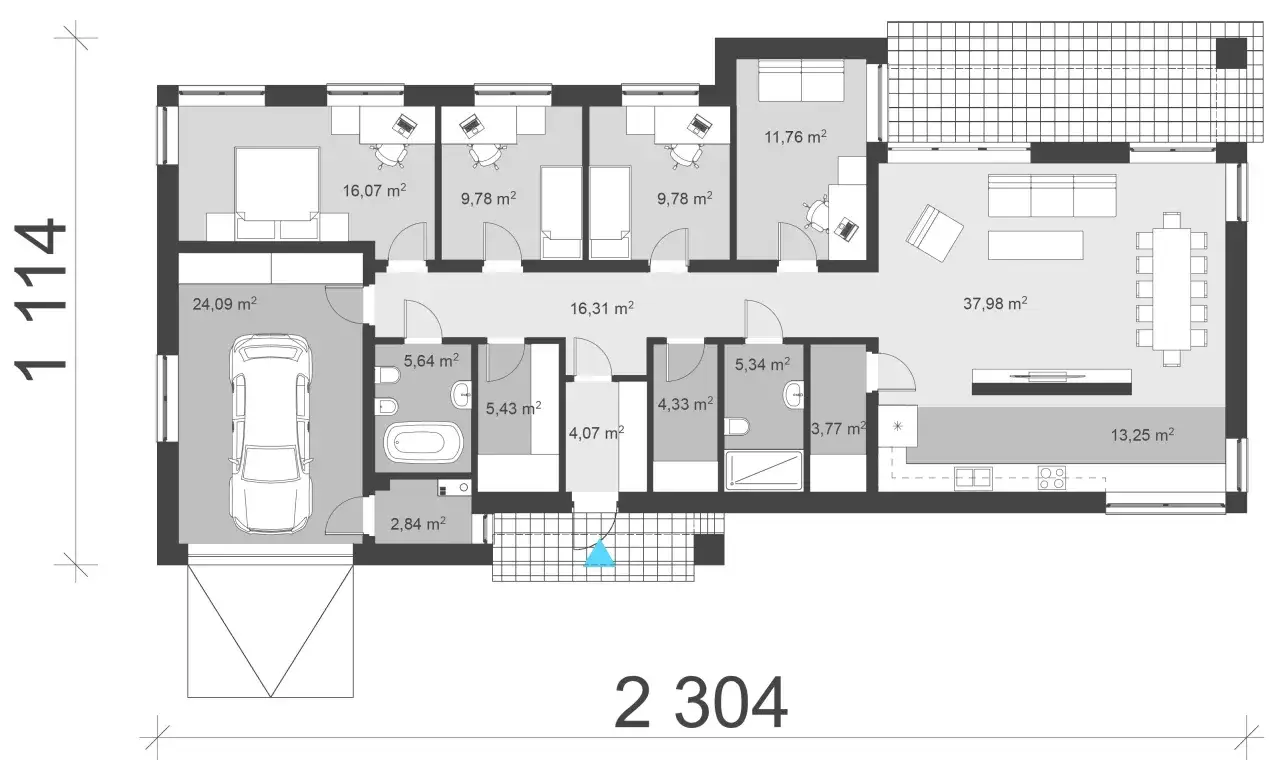 Darmowe projekty domów: rzut parteru z garażem, salonem, jadalnią, kuchnią, 3 sypialniami, łazienkami i pomieszczeniem technicznym.