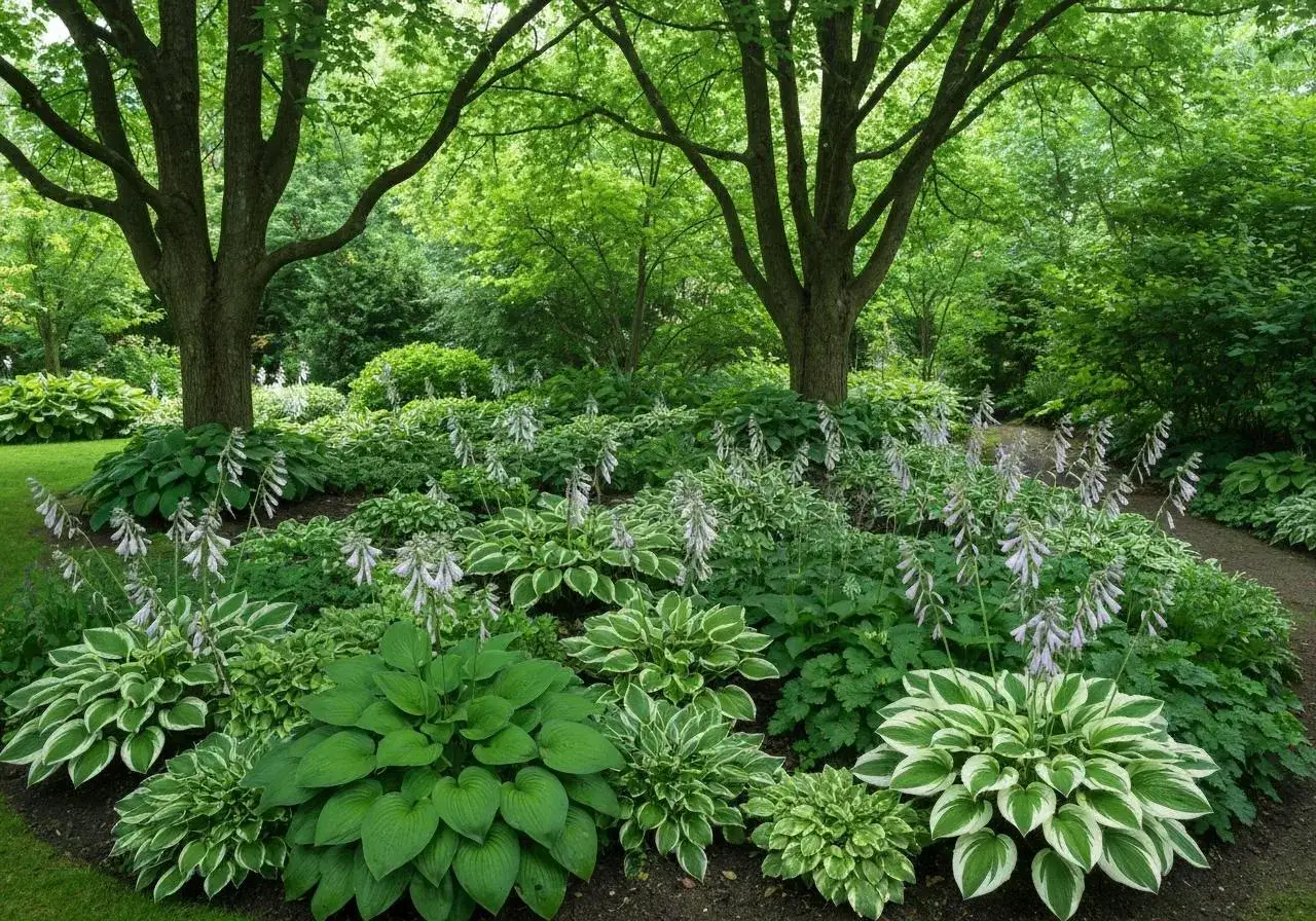 Un jardin luxuriant sous les arbres, avec des hostas variés et des fleurs légères. Idéal pour savoir que planter avec des hortensias pour un effet similaire.