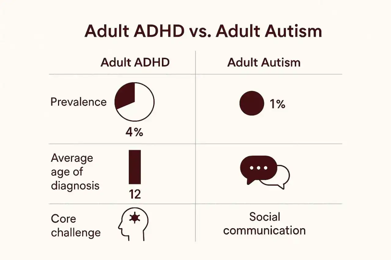 Porównanie ADHD i autyzmu u dorosłych: autyzm nabyty występuje u 1% osób, głównym wyzwaniem jest komunikacja społeczna.