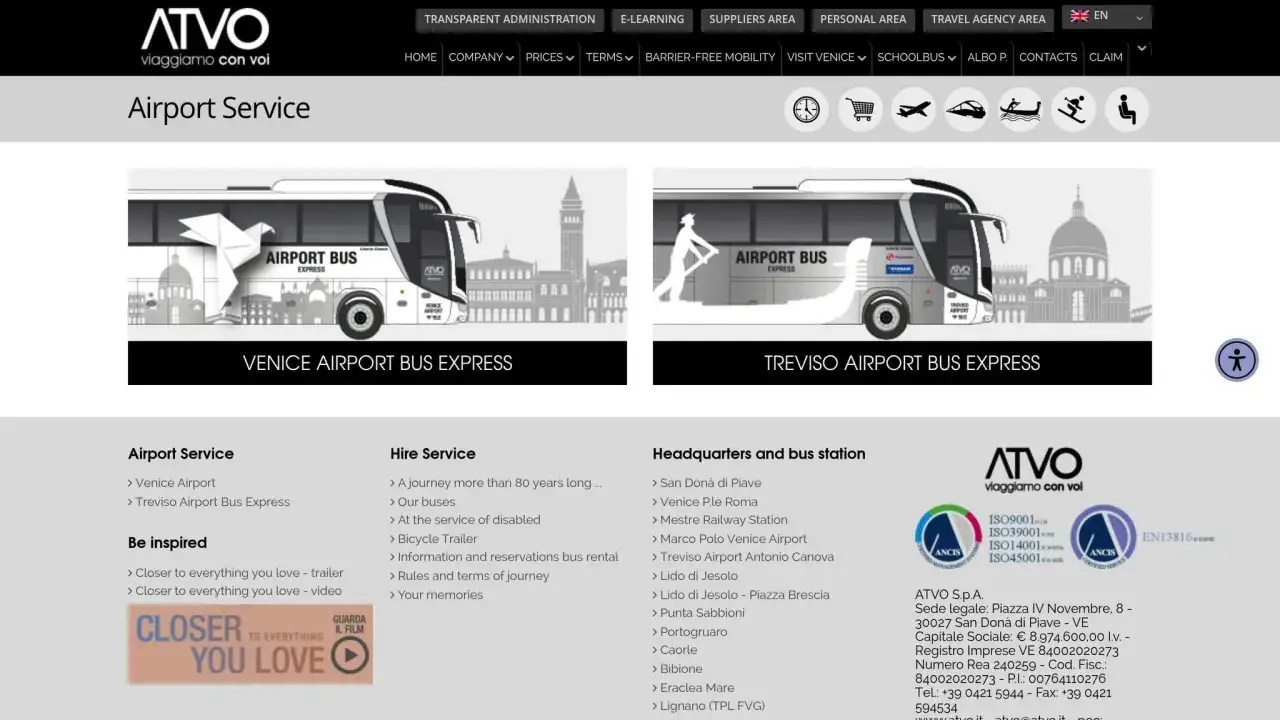 Jak dojechać z lotniska Treviso do Wenecji? Strona ATVO oferuje transport autobusowy.