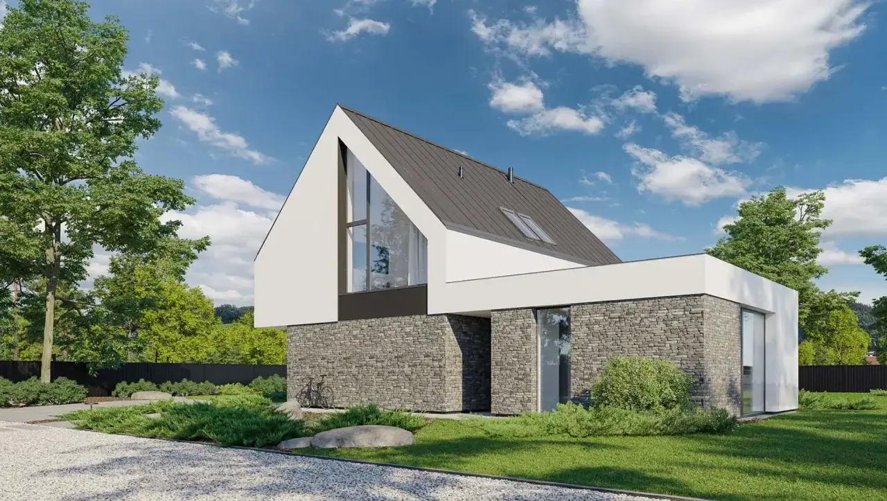 Nowoczesny dom z kamienną okładziną i dużymi oknami. Ten home koncept 03 to marzenie o architekturze w harmonii z naturą.