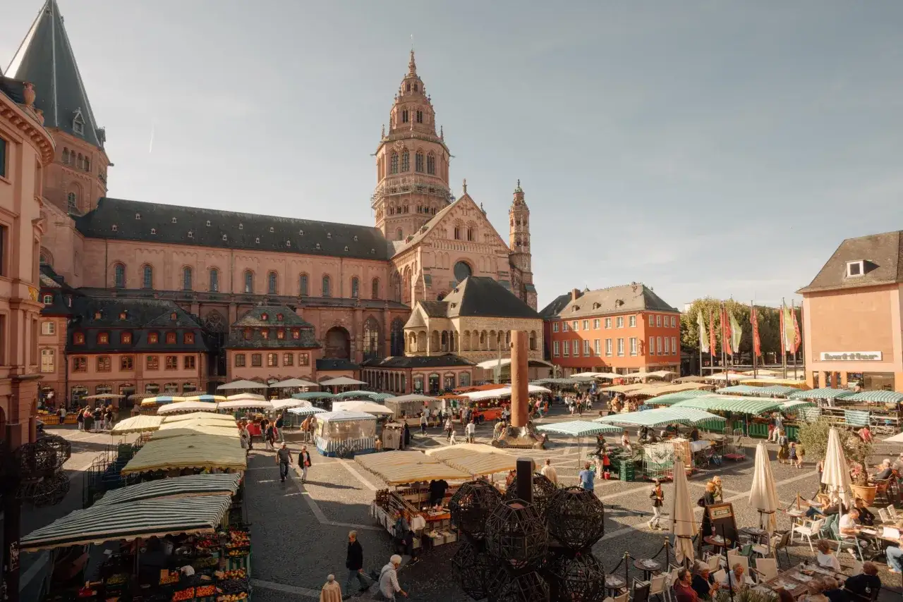 Bunter Wochenmarkt vor dem Mainzer Dom. Entdecke hier echte Mainz Geheimtipps f&uuml;r lokale Produkte und kulinarische Gen&uuml;sse.