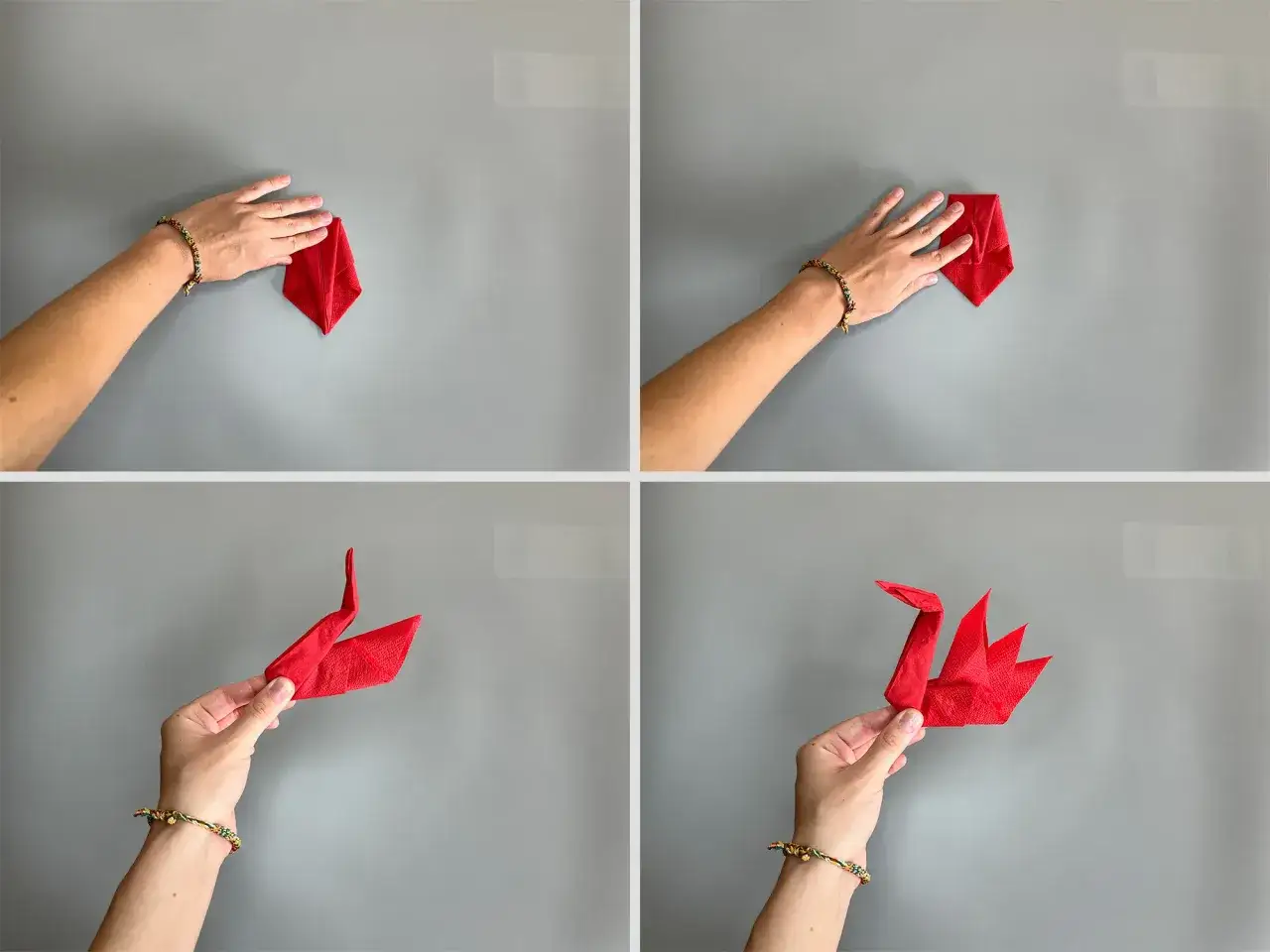 Schritt-f&uuml;r-Schritt-Anleitung: Servietten falten Schwan. Eine Hand formt eine rote Serviette zu einem eleganten Schwan.