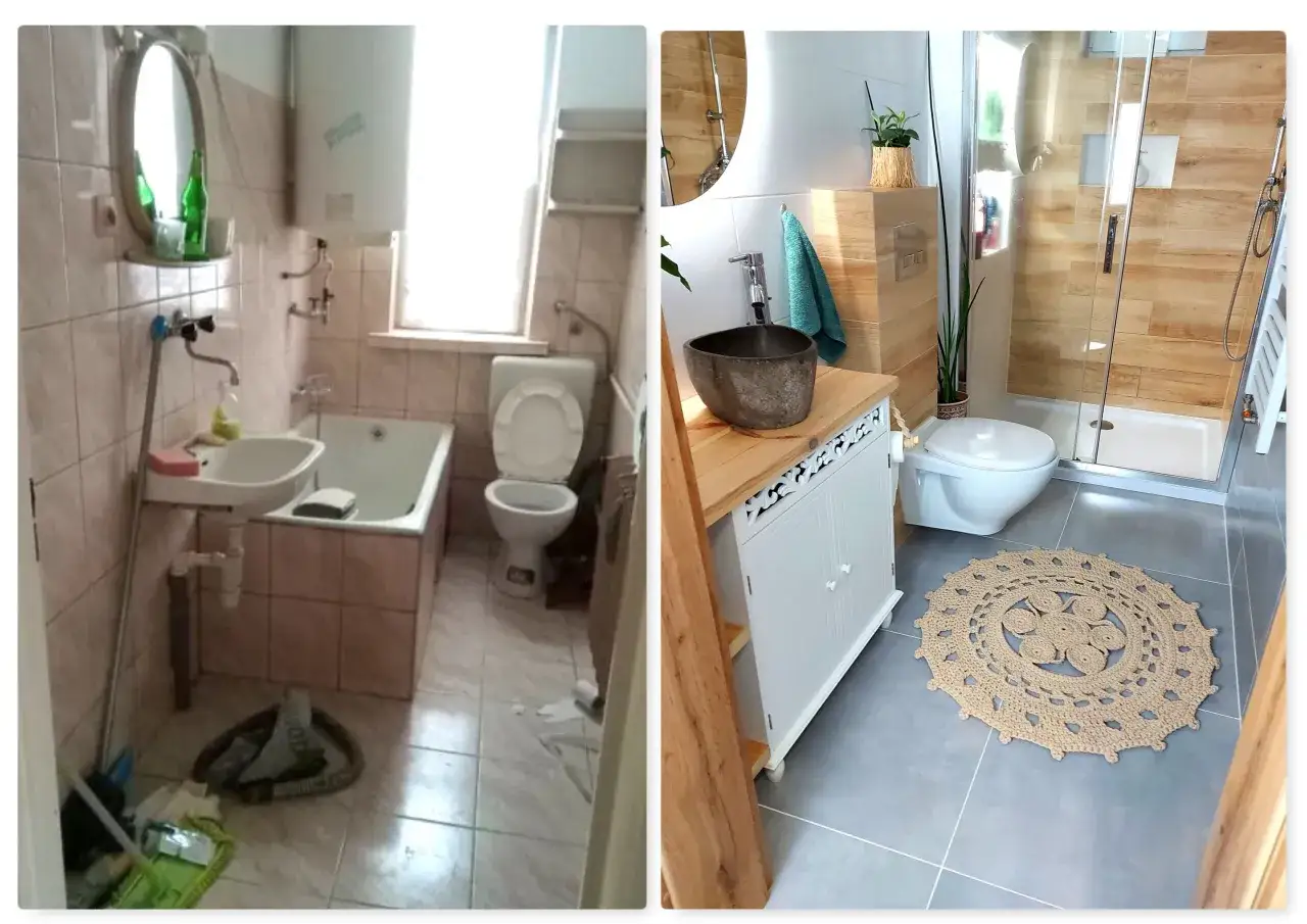 Spektakularna metamorfoza łazienki: od kafelk&oacute;w w kolorze pudrowego r&oacute;żu do nowoczesnego, drewniano-szarego wnętrza z prysznicem walk-in.
