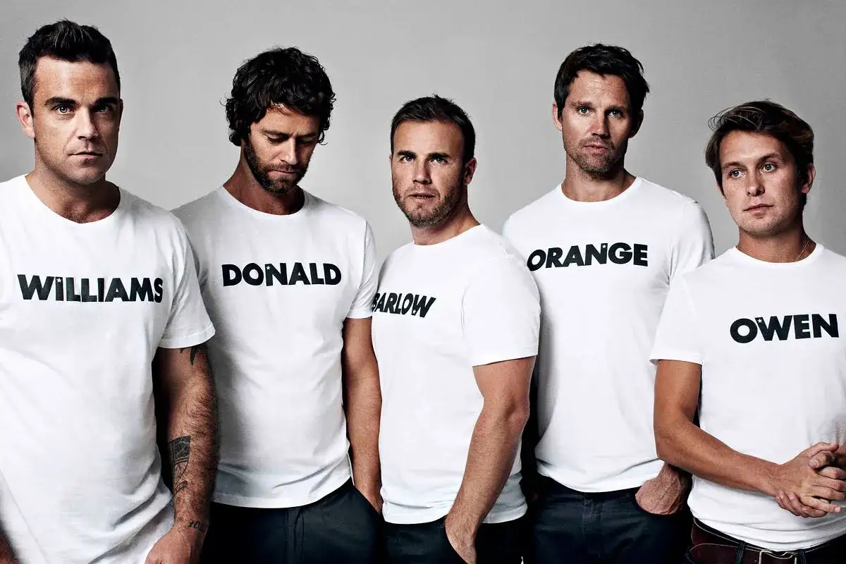 Fem män i vita t-shirts med namn: Williams, Donald, Barlow, Orange, Owen. De är medlemmar i en grupp.