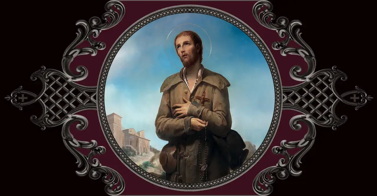 A painting of St. Benedict Joseph Labre, a pilgrim saint, holding a rosary. His gaze is upward, as if in prayer, embodying the spirit of the St. Benedict Joseph Labre prayer.