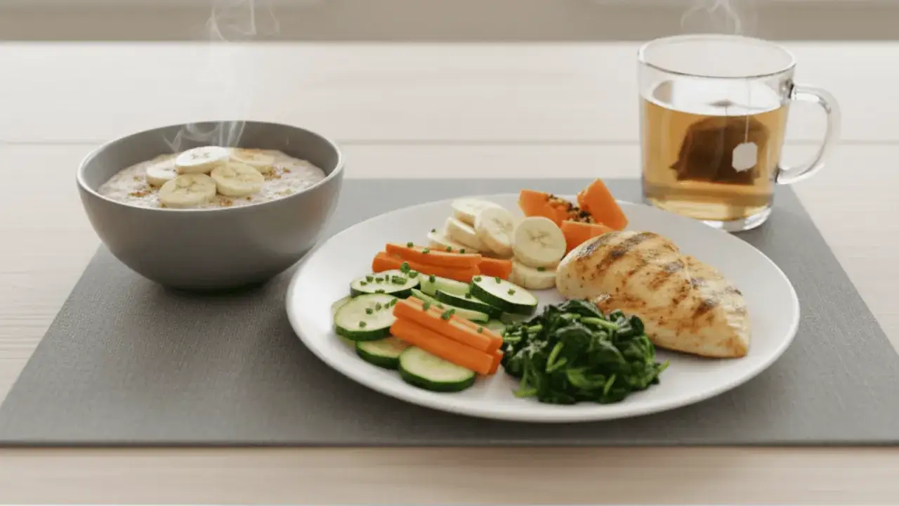 Pasto leggero e salutare: porridge con banana, pollo alla griglia, verdure miste, frutta e tè. Così sono guarito dalla gastrite.