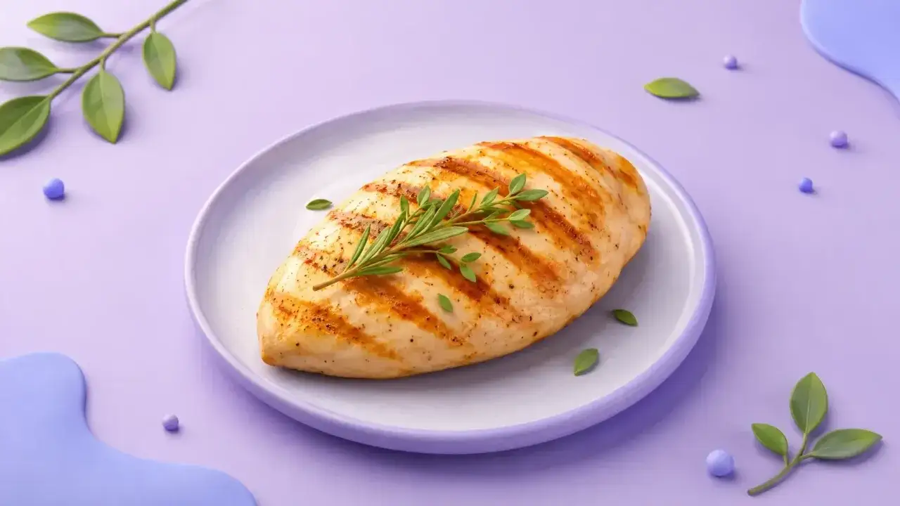Grillad kycklingfil&eacute; p&aring; en lila tallrik, dekorerad med rosmarin. Perfekt f&ouml;r den som vill h&aring;lla koll p&aring; sina kyckling kalorier.