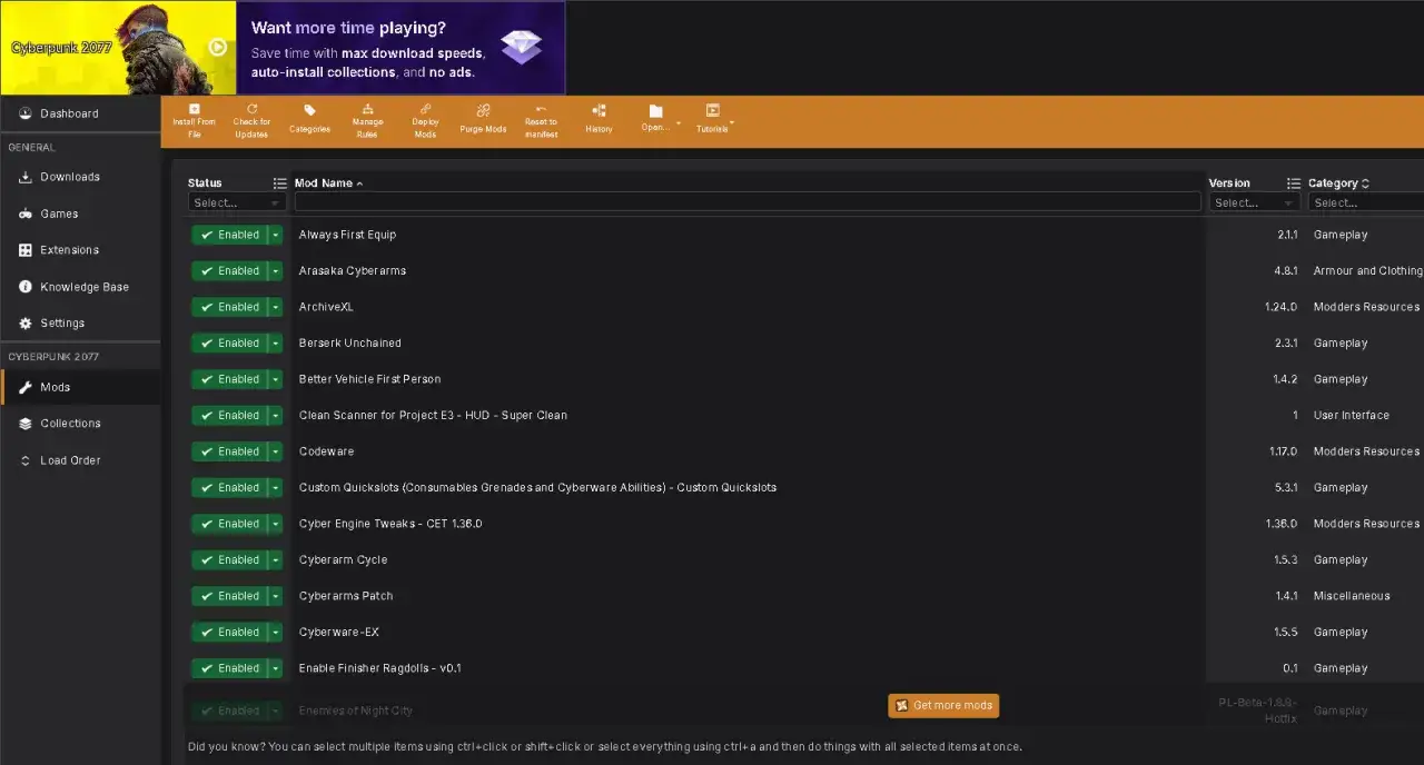 Vortex Mod Manager Cyberpunk 2077 interfejs