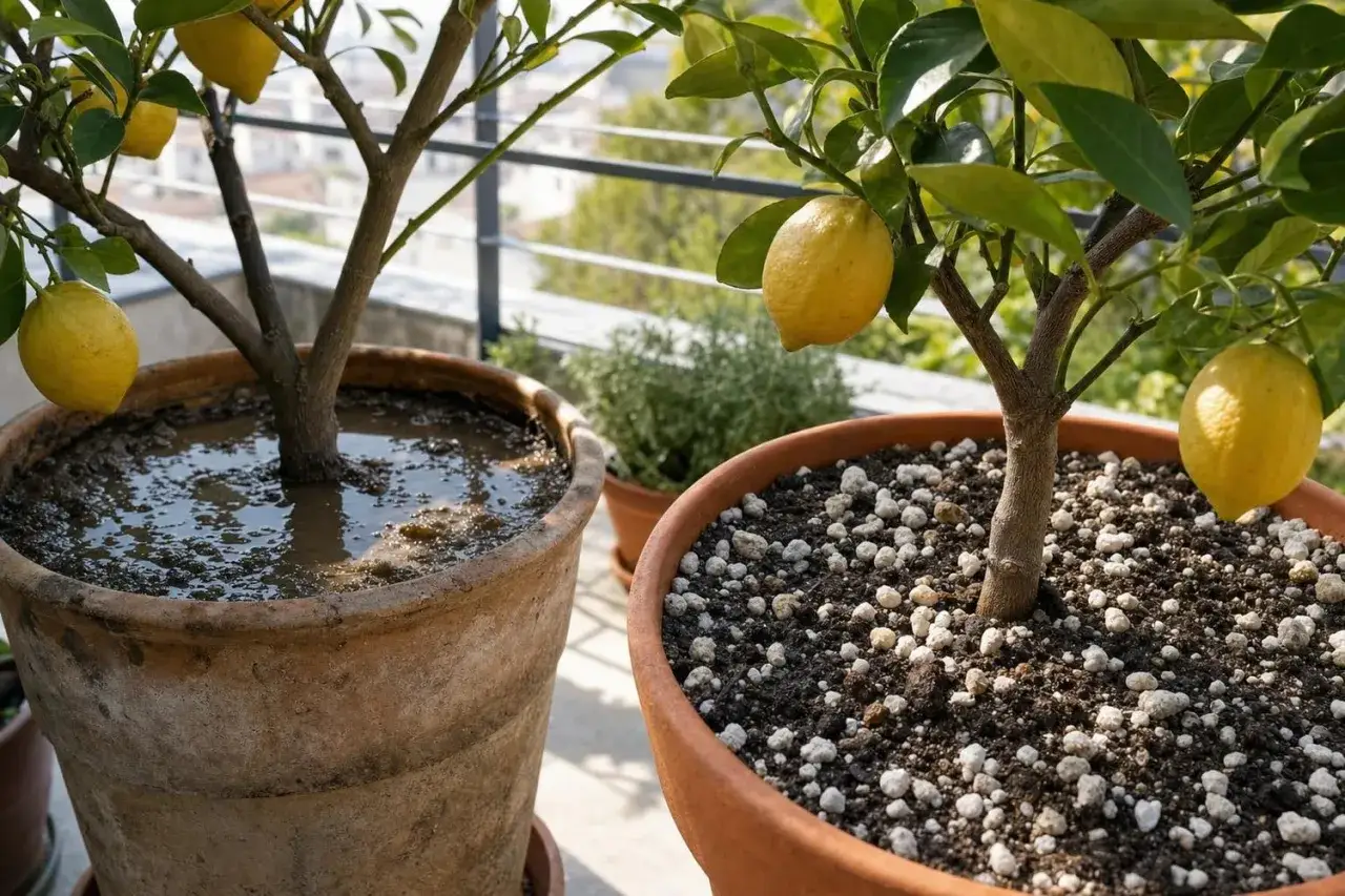 Deux citronniers en pot sur un balcon, l'un avec de la terre d&eacute;tremp&eacute;e, l'autre pr&ecirc;t &agrave; rempoter.