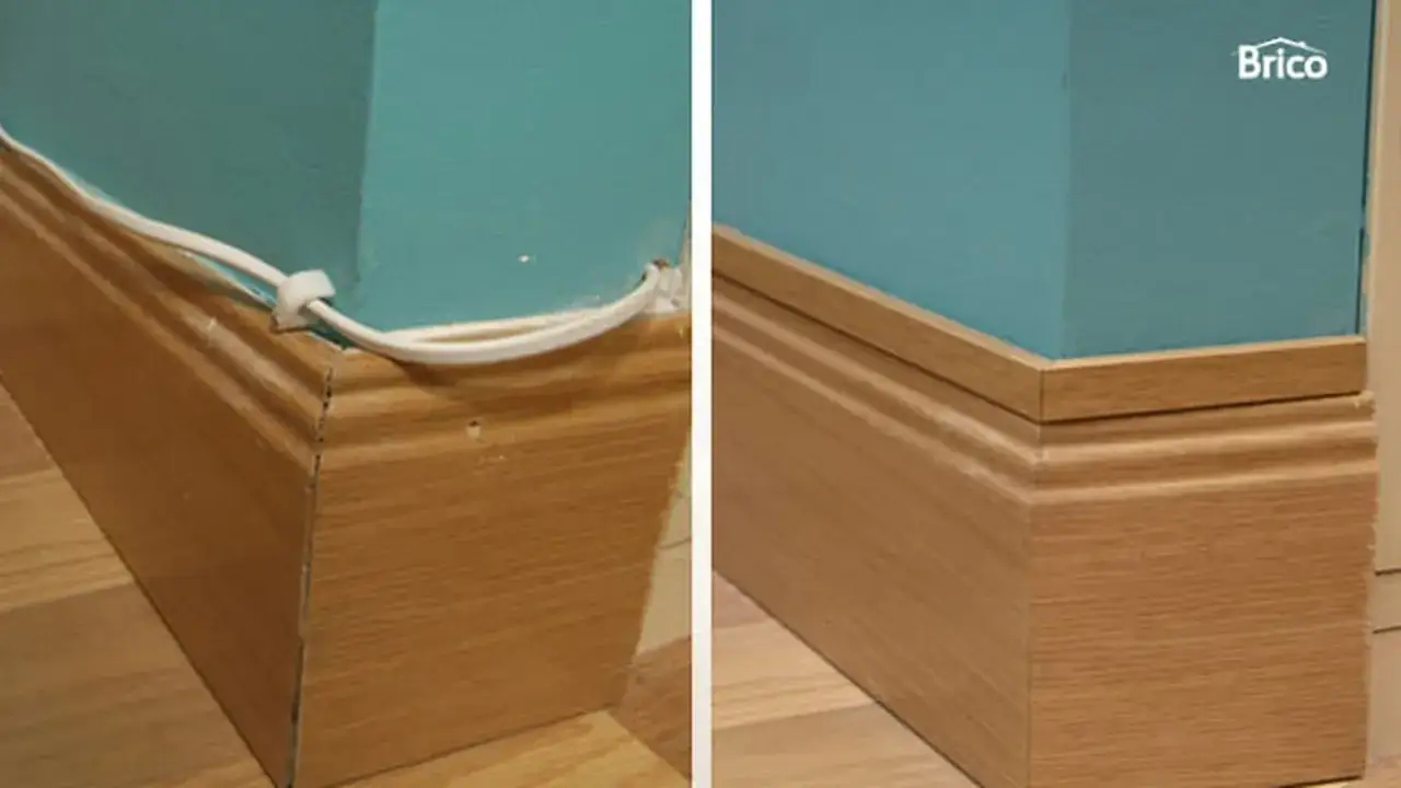 Antes y despu&eacute;s de ocultar un cable por dentro de un rodapi&eacute; de madera, logrando un acabado limpio y ordenado.