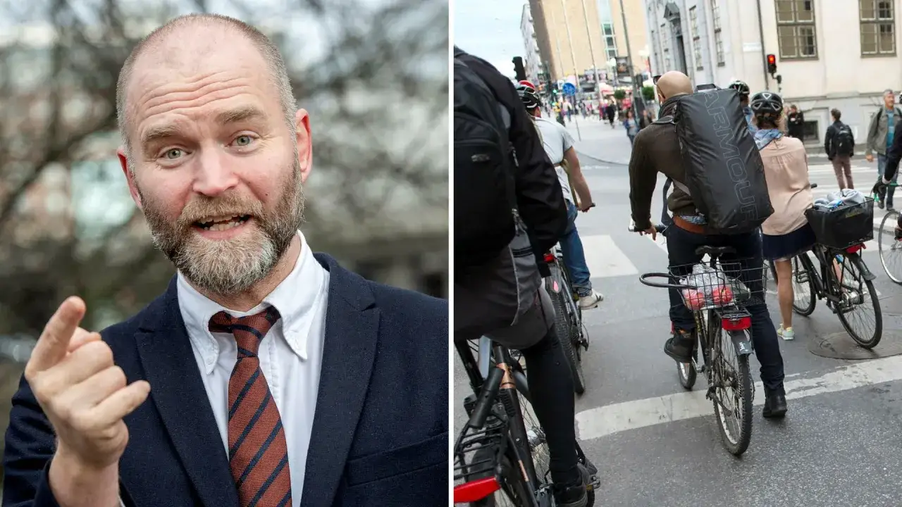 Man med skägg och slips gestikulerar, bredvid en bild av folk som cyklar i Sverige.