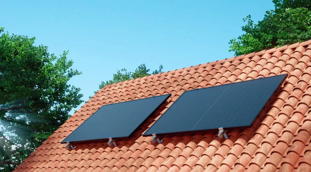Dos paneles de energ&iacute;a solar t&eacute;rmica captan el sol sobre un tejado de tejas rojas, rodeados de &aacute;rboles verdes y un cielo azul.