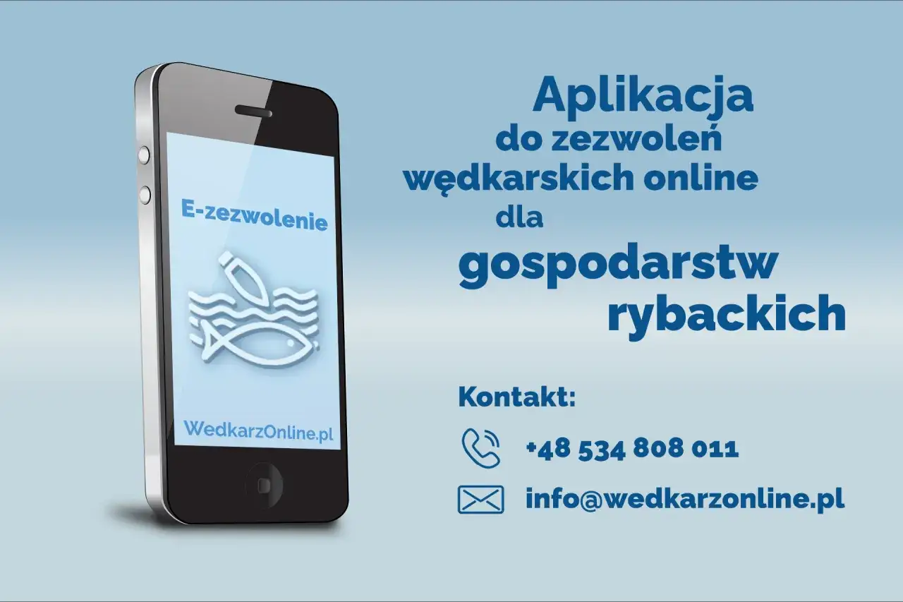 Aplikacja do e-zezwolenia wędkarskie jak kupić przez internet. Telefon z ikoną ryby i wędki. Kontakt: +48 534 808 011, info@wedkarzonline.pl.
