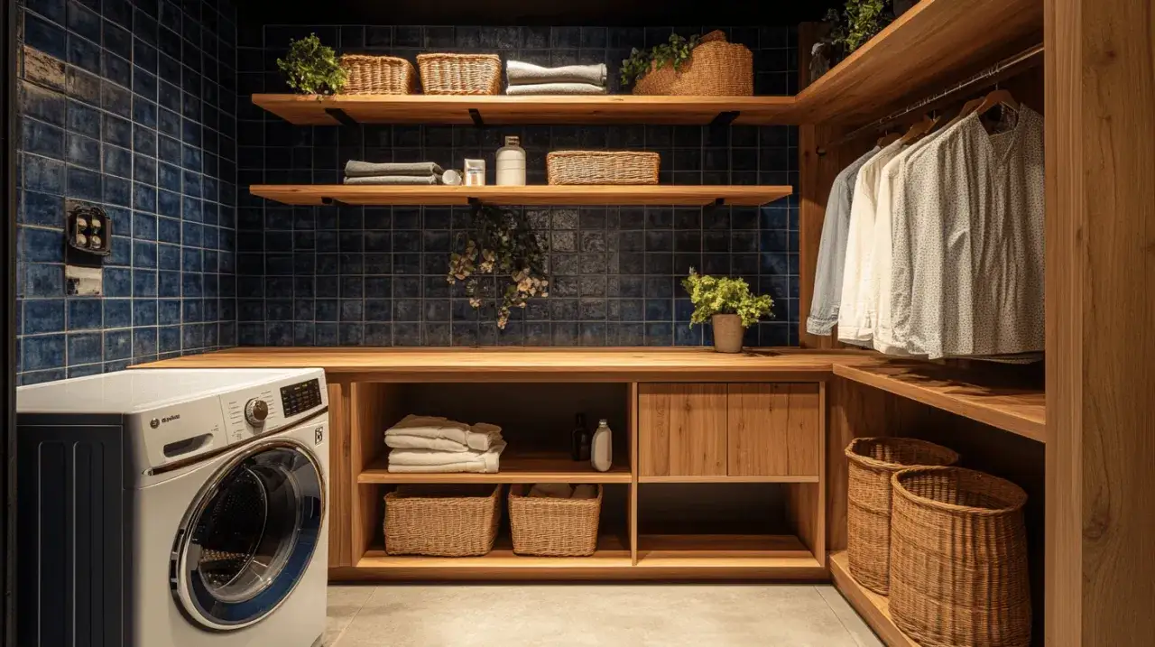 Aménagement cave moderne avec lave-linge, étagères en bois, paniers en osier et vêtements suspendus.