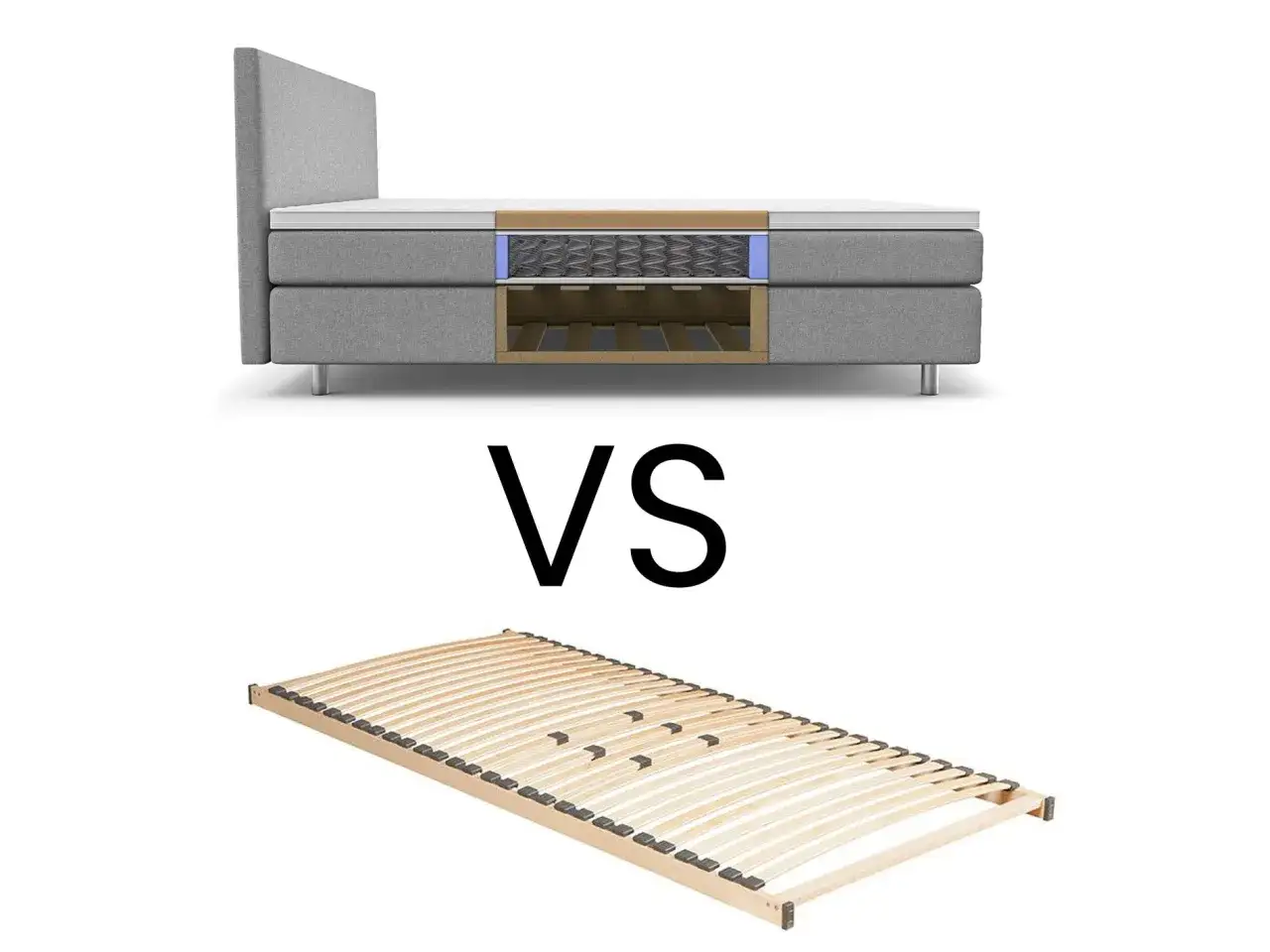Vergleich: Ein aufgeschnittener Boxspringbett mit Federkern und ein Lattenrost aus Holz.
