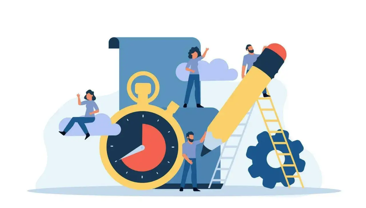 Personas colaboran para ser m&aacute;s productivas en el trabajo, usando un l&aacute;piz gigante, un cron&oacute;metro y un engranaje.