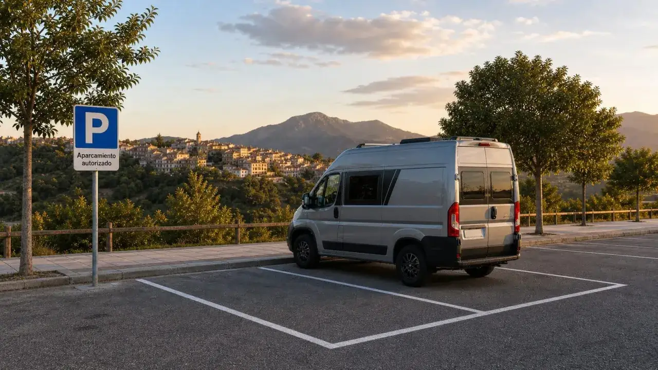 Un camping-car gris est gar&eacute; sur un parking avec une vue sur un village espagnol. Panneau 