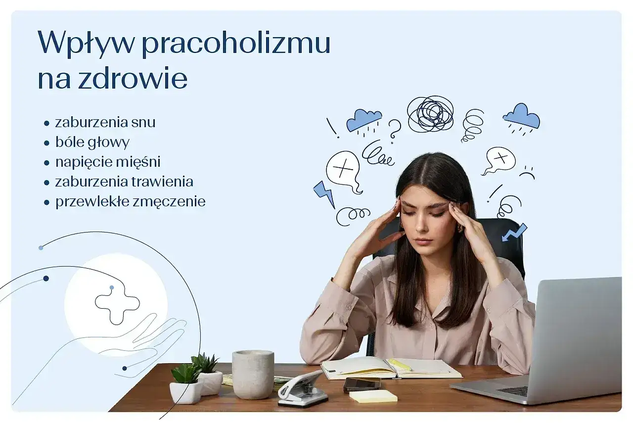 Młoda kobieta z rękami na skroniach, symbolizująca negatywne skutki pracoholizmu: bóle głowy, zmęczenie, zaburzenia snu.