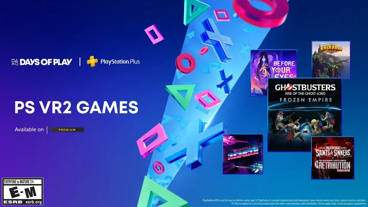 Gry PS VR2 na PlayStation Plus Premium. Zobacz okładki gier: Before Your Eyes, Walkabout Mini Golf, Ghostbusters, Saints & Sinners.