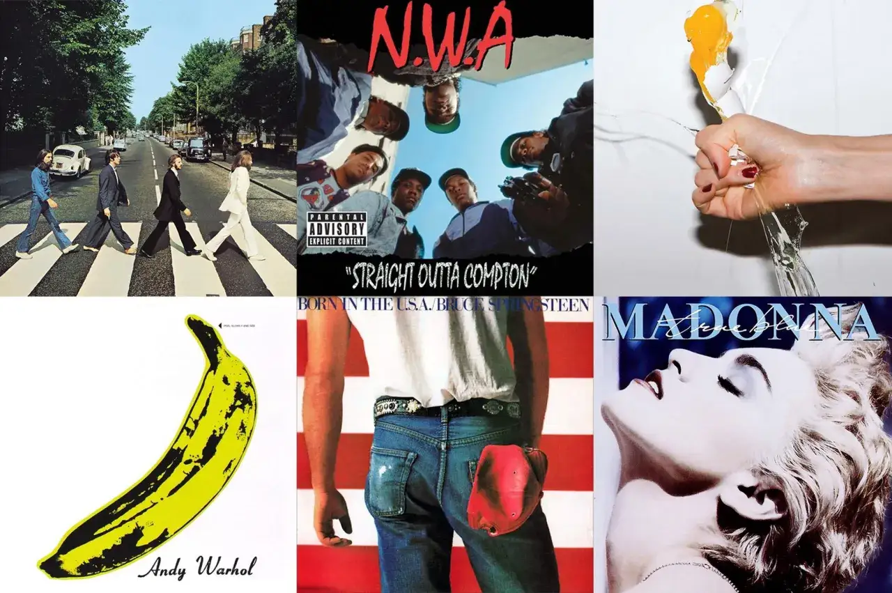 Six pochettes d'albums iconiques : Beatles, N.W.A., Bruce Springsteen, Andy Warhol, Madonna, et un &oelig;uf &eacute;cras&eacute;. Seuls les plus forts survivent.