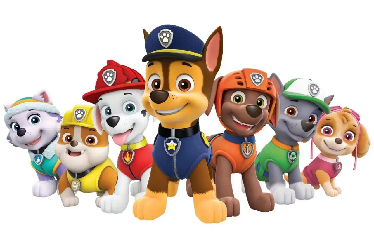 Psi Patrol: Chase, Marshall, Skye, Rocky, Zuma, Rubble i Everest. Różne rasy psów gotowe do akcji.
