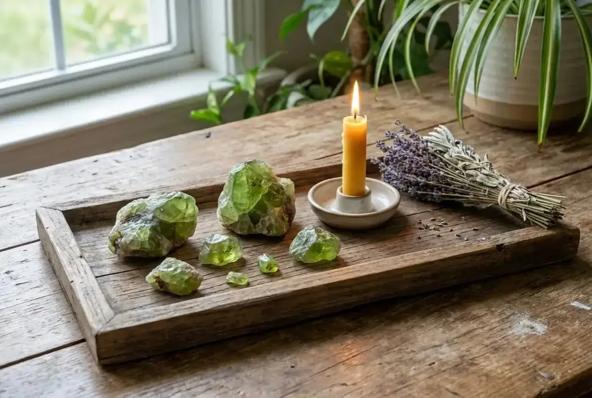Cristales de peridoto sobre bandeja de madera, junto a vela encendida y lavanda. El peridoto significado espiritual se asocia con la sanación y la abundancia.