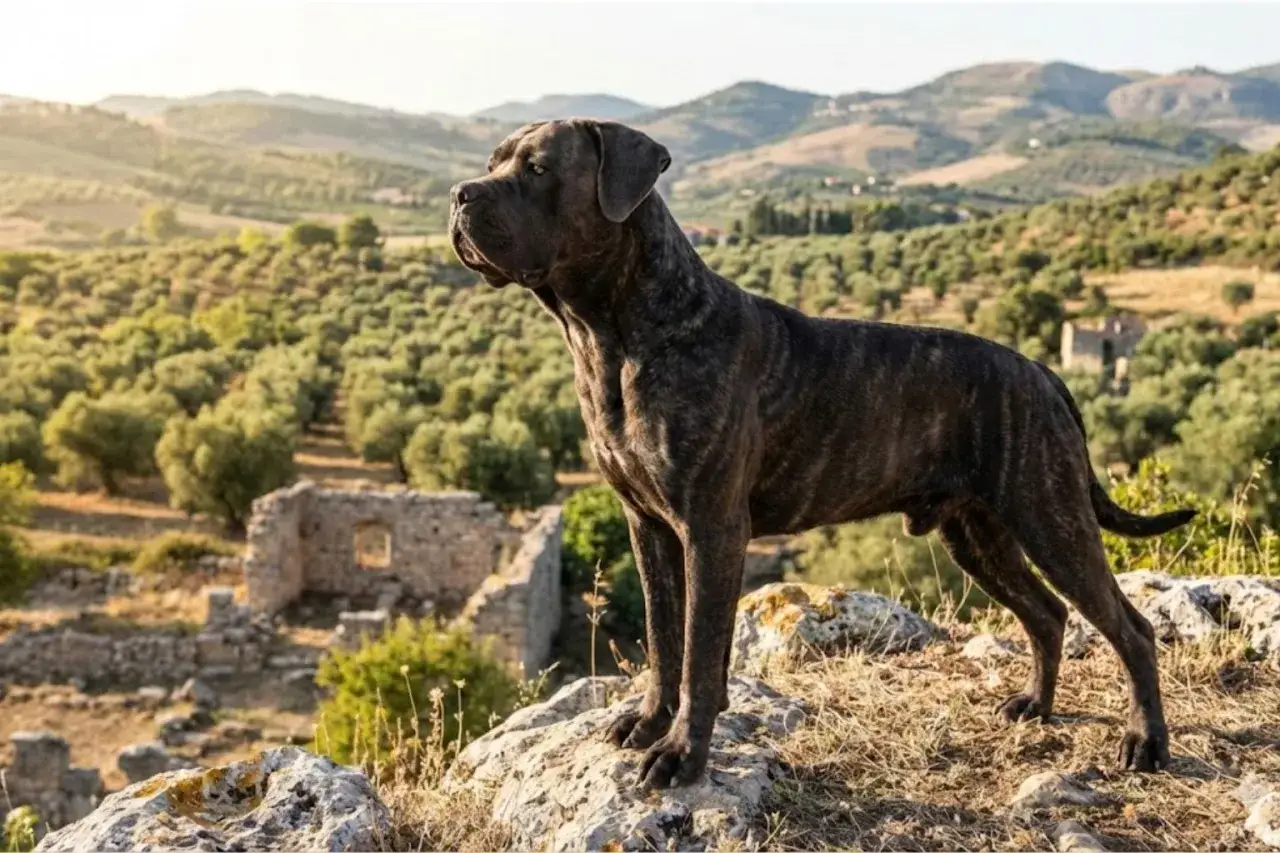 Potężny pies rasy cane corso, którego waga świadczy o jego sile, stoi na skale. W tle rozciąga się krajobraz z gajami oliwnymi i ruinami.