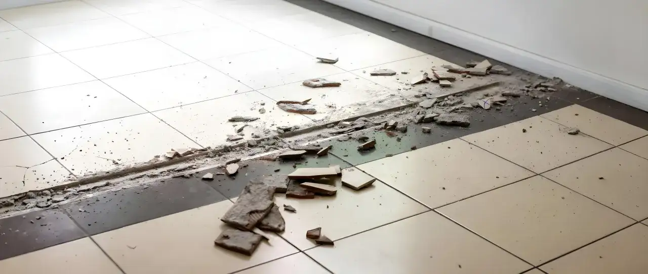 D&eacute;bris de carrelage cass&eacute; sur le sol, pr&ecirc;t &agrave; changer un carreau.