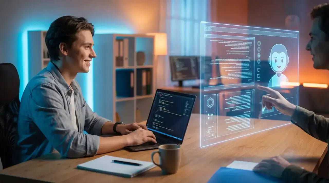 Dwóch programistów pracuje nad projektem, analizując kod na laptopie i interaktywnym ekranie holograficznym.