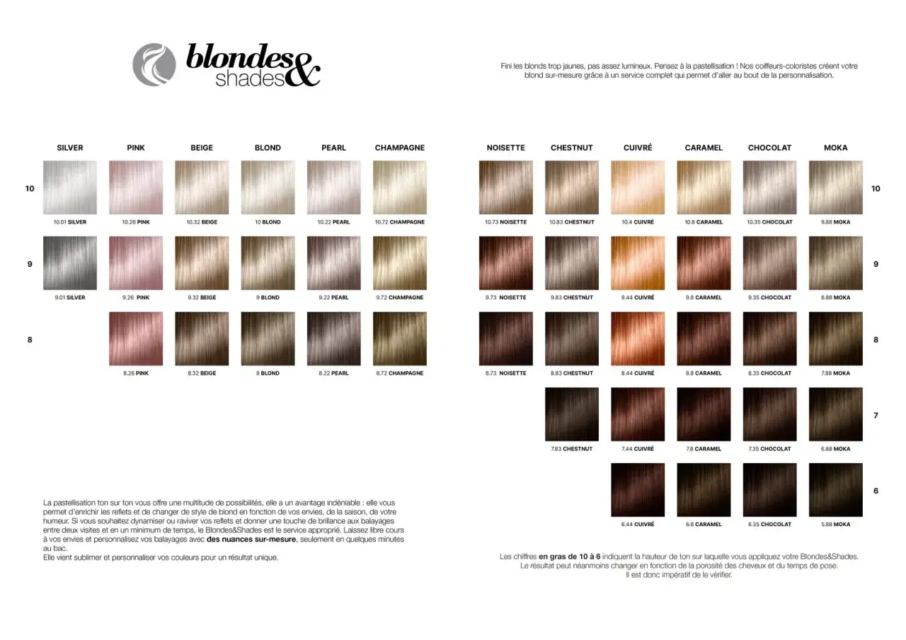 Nuancier de patine pour cheveux : des blonds sur mesure, du silver au moka, pour personnaliser votre couleur.