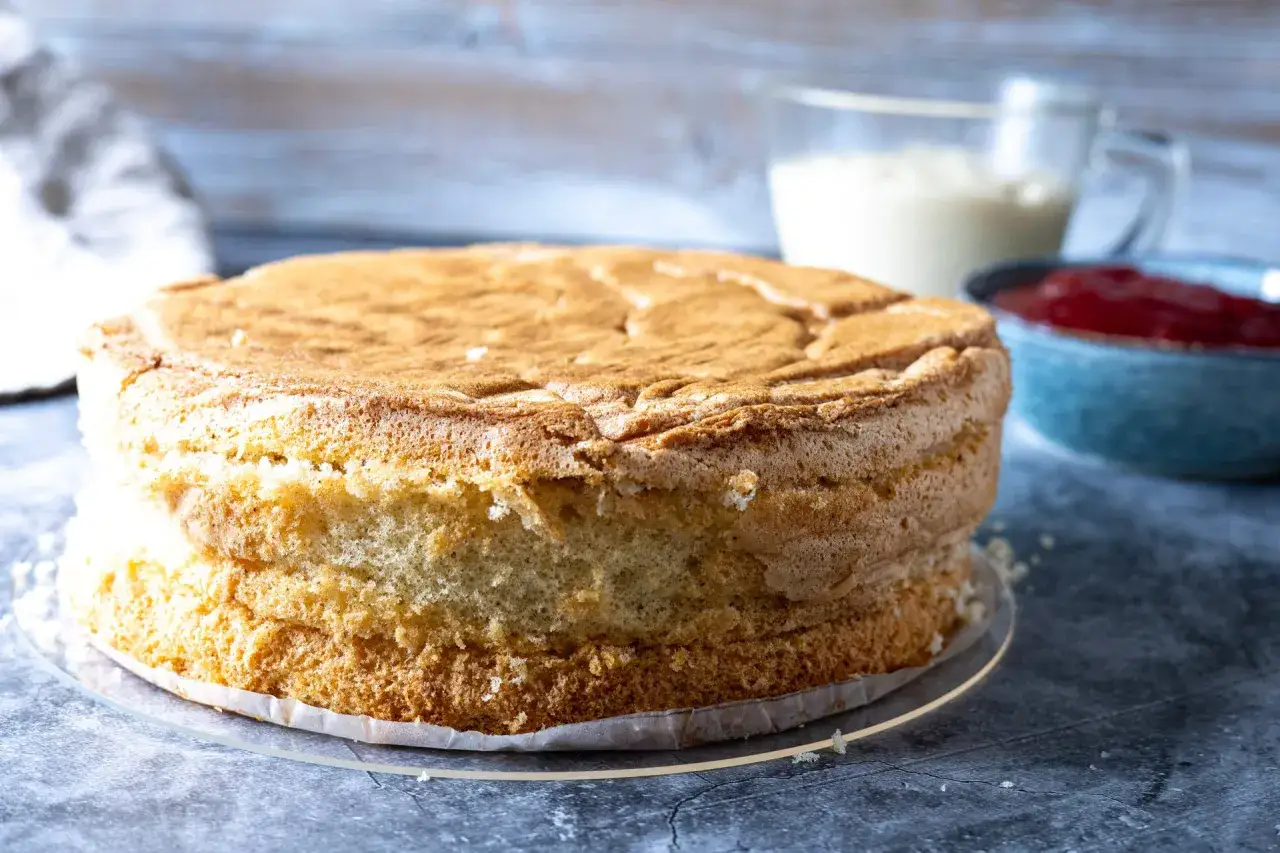 En gyllene tårtbotten, redo för ett tårtbotten recept. Bredvid står en skål med sylt och en kanna med grädde.