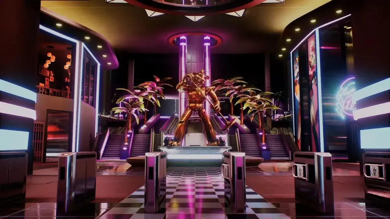 Złoty Freddy z FNAF 9 stoi na podium w futurystycznym centrum rozrywki, otoczony palmami i neonowym światłem.