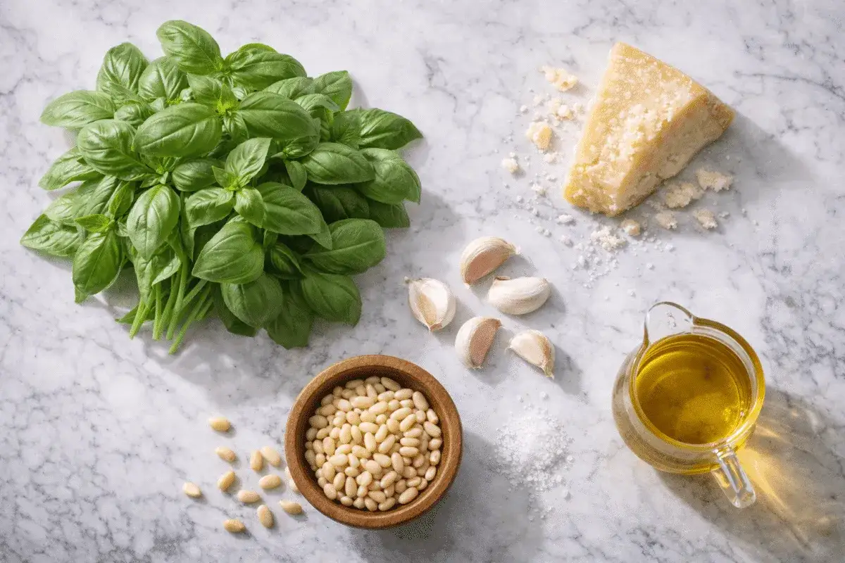 składniki na pesto bazyliowe extra virgin parmezan czosnek orzeszki piniowe