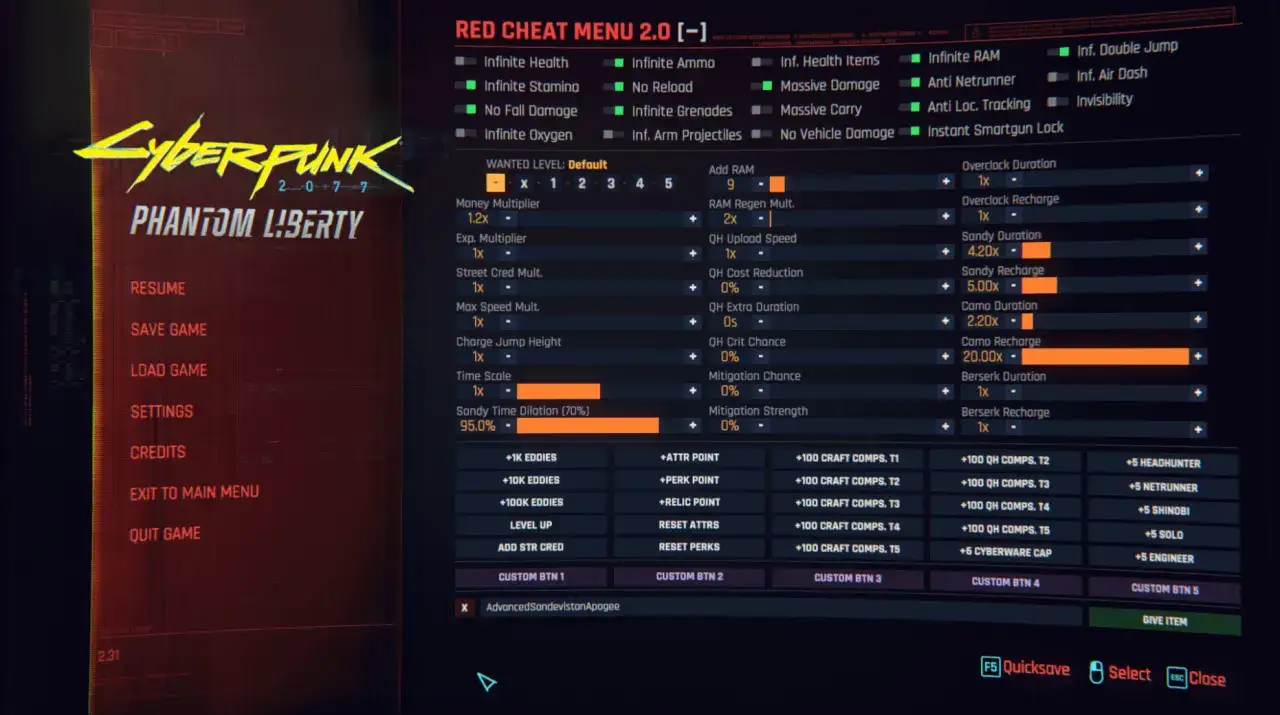 Menu gry Cyberpunk 2077 z opcjami dla **cyberpunk 2077 trainer**, w tym nieskończone zdrowie, amunicja i modyfikatory.
