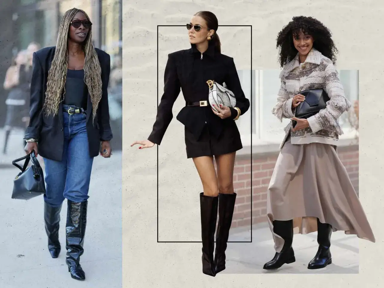 Tres mujeres muestran distintos tipos de botas: altas de charol, de ca&ntilde;a ancha y de cuero.