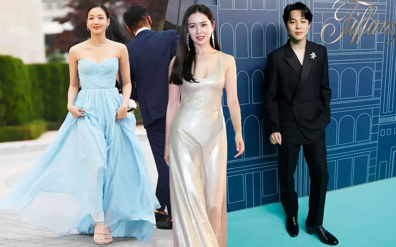 Trzech znanych koreańskich aktorów: Kim Go-eun w błękitnej sukni, Son Ye-jin w srebrnej kreacji i Jimin w czarnym garniturze.