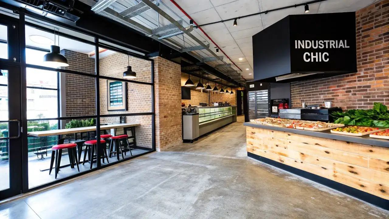 Interior de una pizzería con estilo industrial chic. Mesas altas con taburetes rojos, vitrinas refrigeradas y pizzas listas para servir. Un buen lugar para empezar a pensar cuanto cuesta abrir una pizzeria.