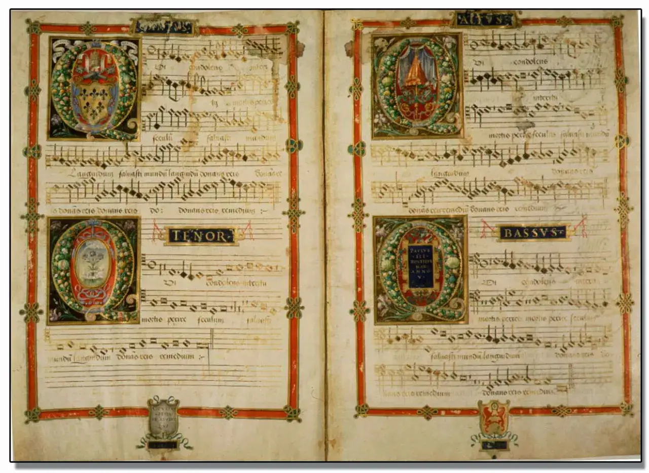 Manuscrito iluminado con partituras y miniaturas, mostrando la música de compositores de la edad media.