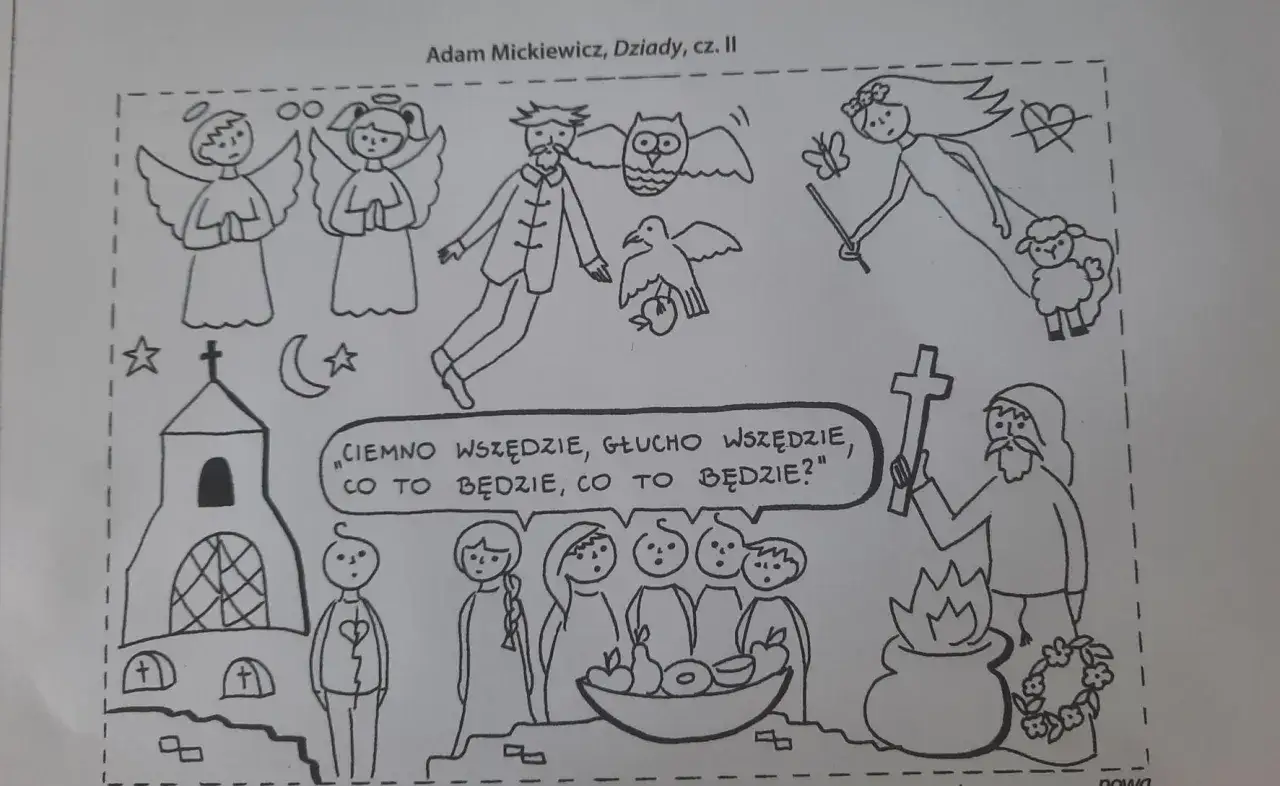 Ilustracja przedstawia dziady cz 2 bohaterowie: anioły, sowę, ptaka, dziewczynę z motylem, owcę, księdza, dzieci i kościół.