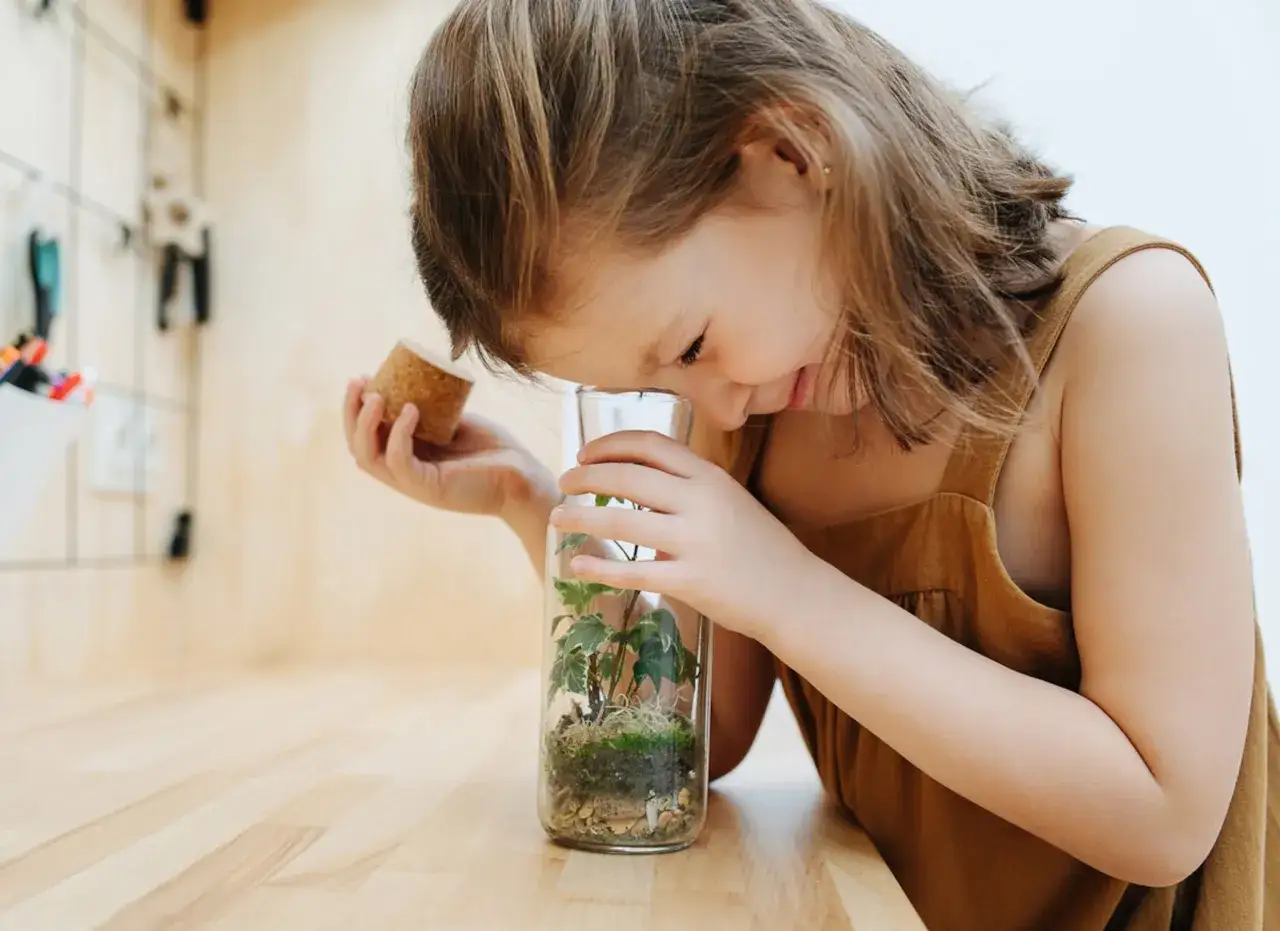 Ein Kind erforscht ein kleines &Ouml;kosystem in einem Glas. Spannende natur experimente f&uuml;r Kinder.