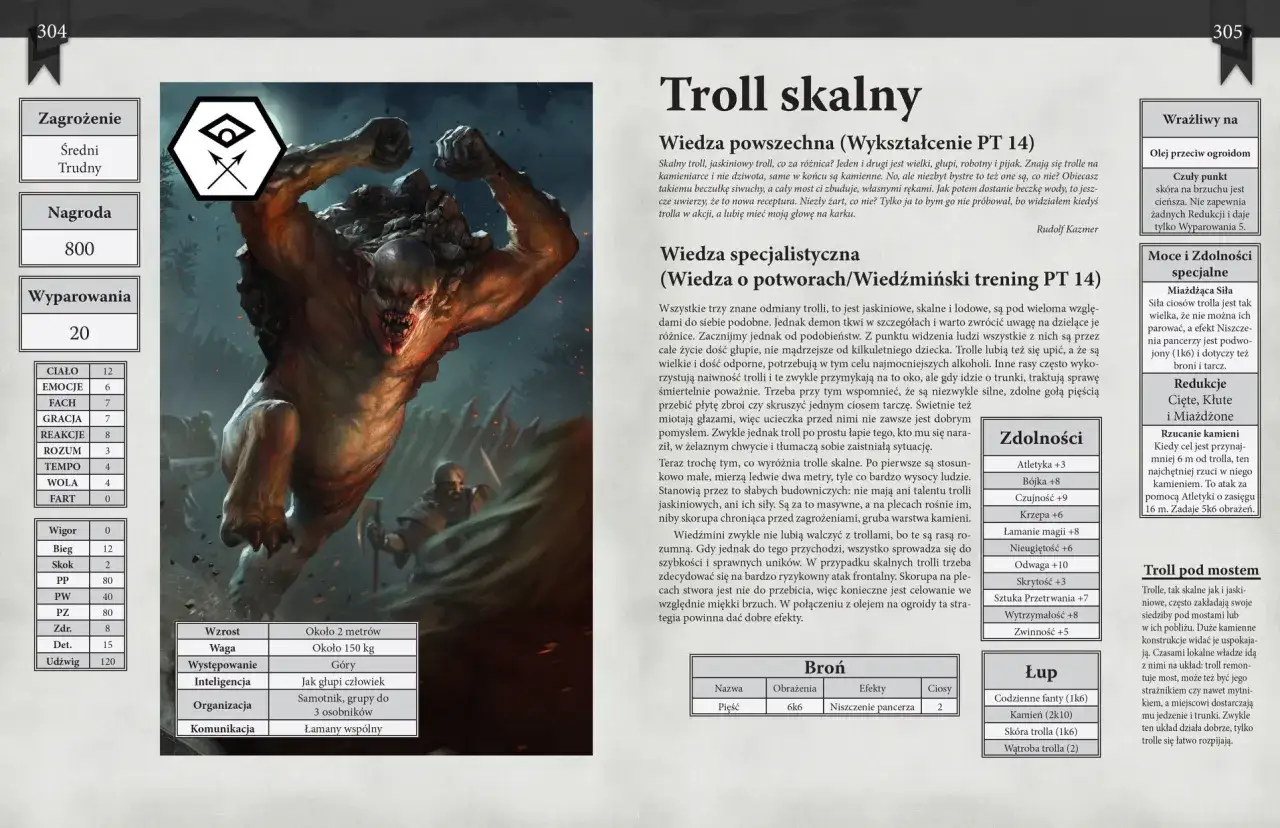 Potwór z gry fabularnej po polsku: troll skalny, potężny i groźny, z kamienną skórą i potężnymi pięściami.