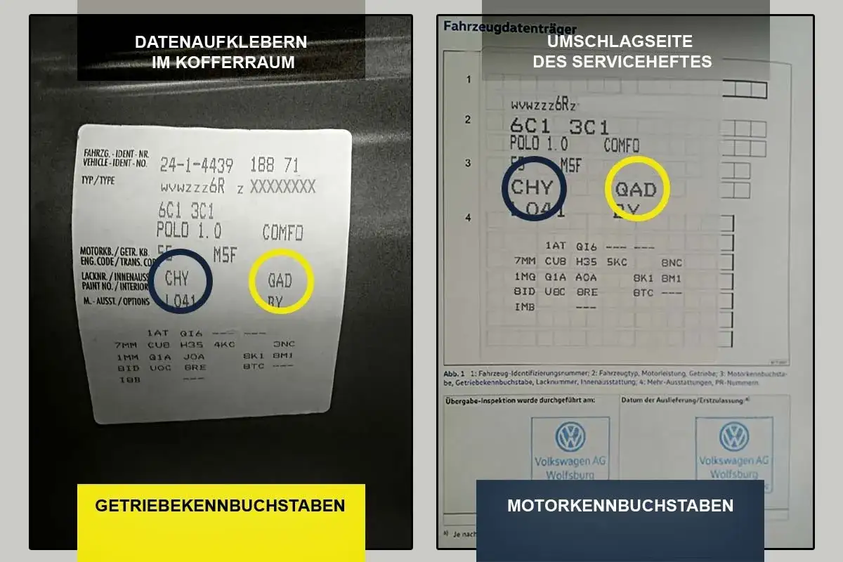 VW Getriebecode Liste: Aufkleber im Kofferraum und Serviceheft zeigen Getriebekennbuchstaben wie CHY und QAD.