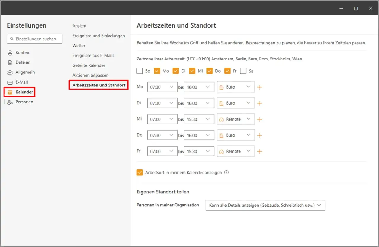 Kalendereinstellungen: Arbeitszeiten und Standort. Hier kann man die Arbeitszeit reduzieren und den Arbeitsort festlegen.