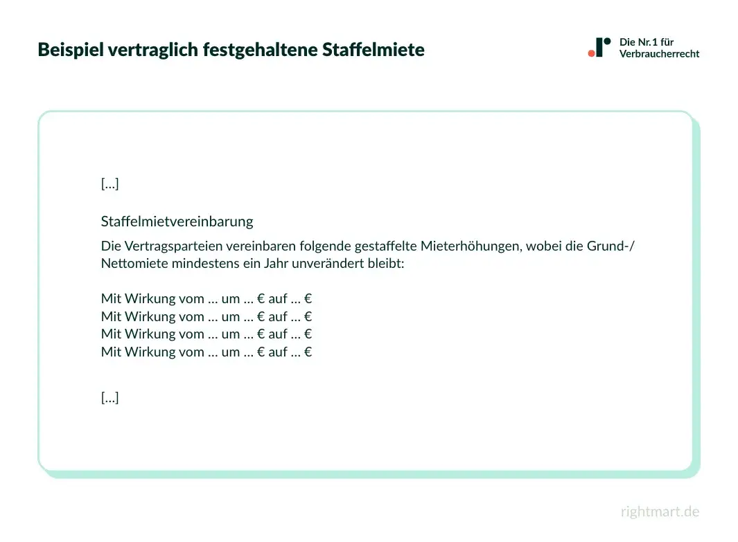 Beispiel einer Staffelmietvereinbarung mit gestaffelten Mieterhöhungen. Die mietanpassung fristen sind hier klar geregelt.