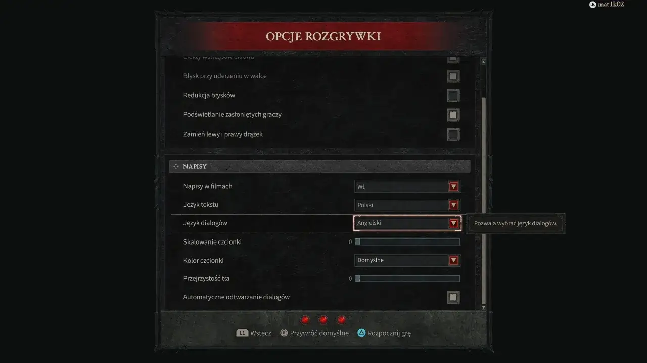 Ustawienia gry Diablo 4: język dialog&oacute;w wybrany na angielski, choć polski dubbing jest dostępny.