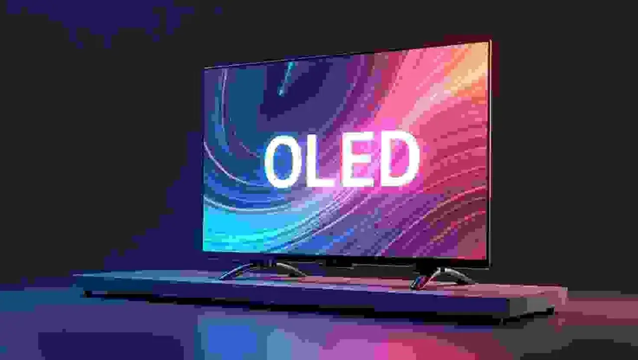Nowoczesny telewizor OLED z żywymi kolorami i napisem 