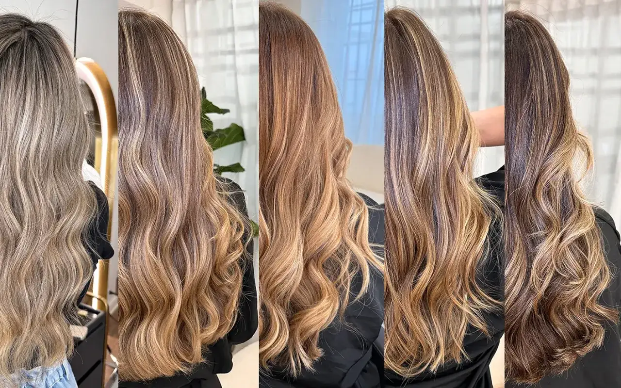 Collage av fem frisyrer med balayage ljust h&aring;r i olika nyanser, fr&aring;n askblont till varmare honungsf&auml;rger.
