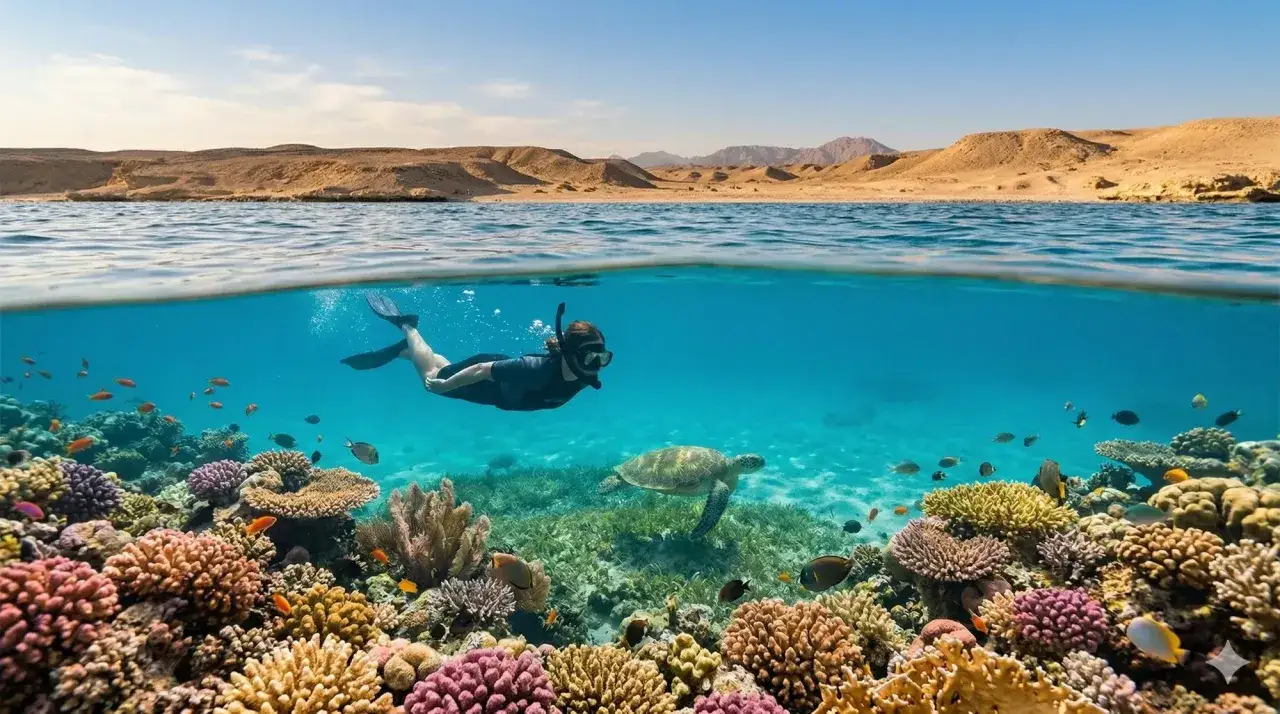 Podczas snorkelingu w Marsa Alam, uważaj na piękne rafy koralowe i pływające obok żółwie morskie.